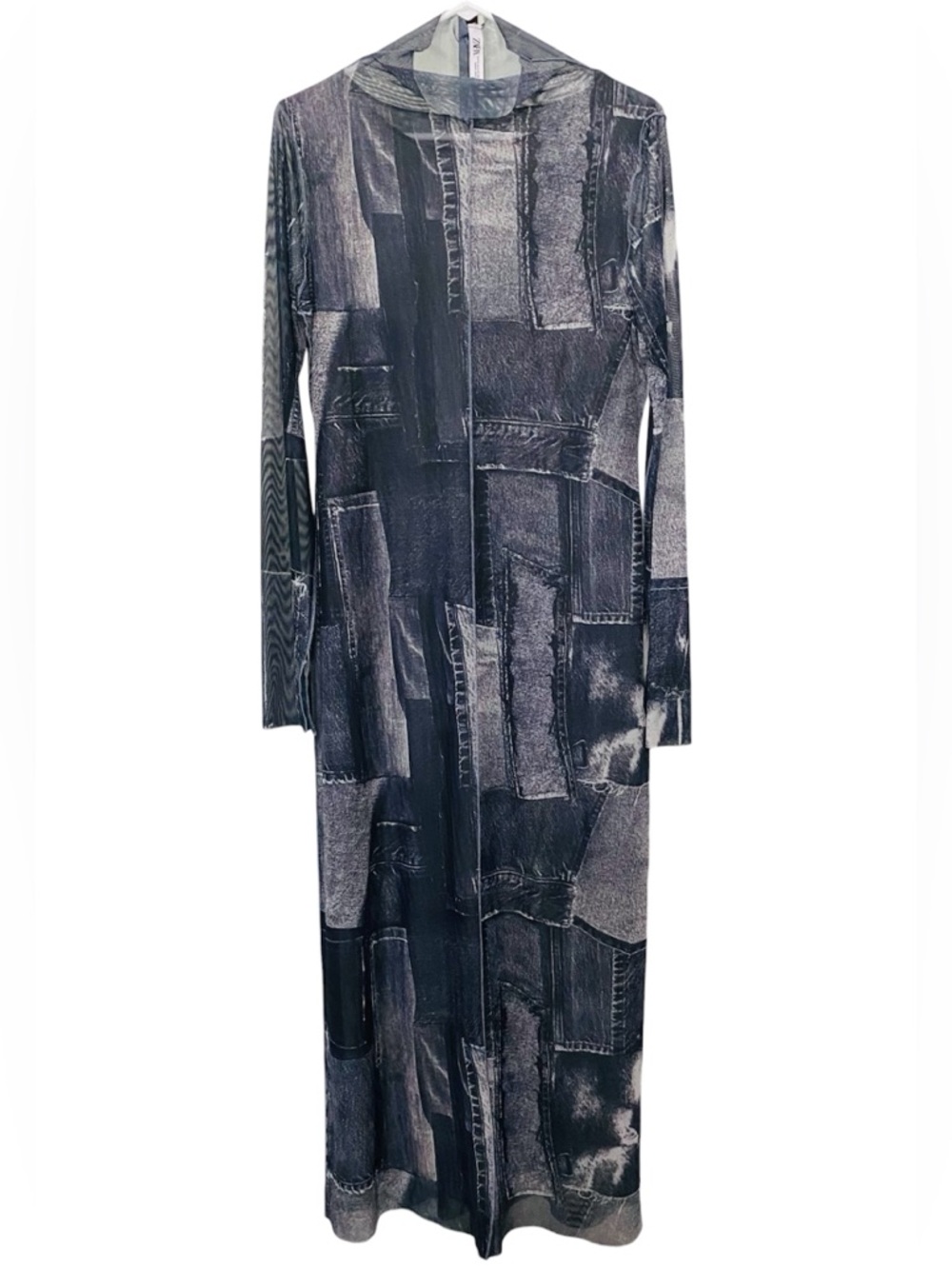 Zara Patchwork Tulle Mesh Sheer Midi Maxi Dress Gray Blue Denim Look Size XL - Picture 8 of 15